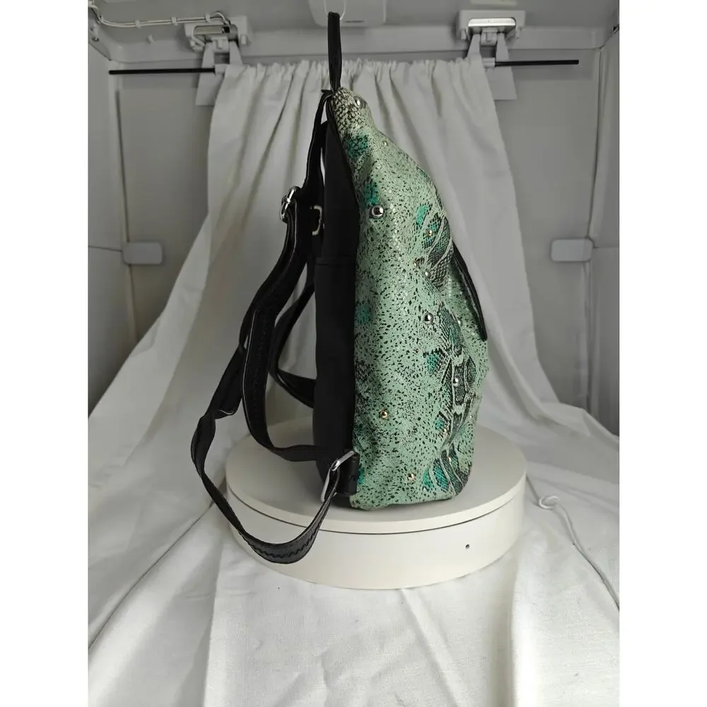 AIMEE KESTENBERG Backpack purse mint green Reptile print  black pebbled leather